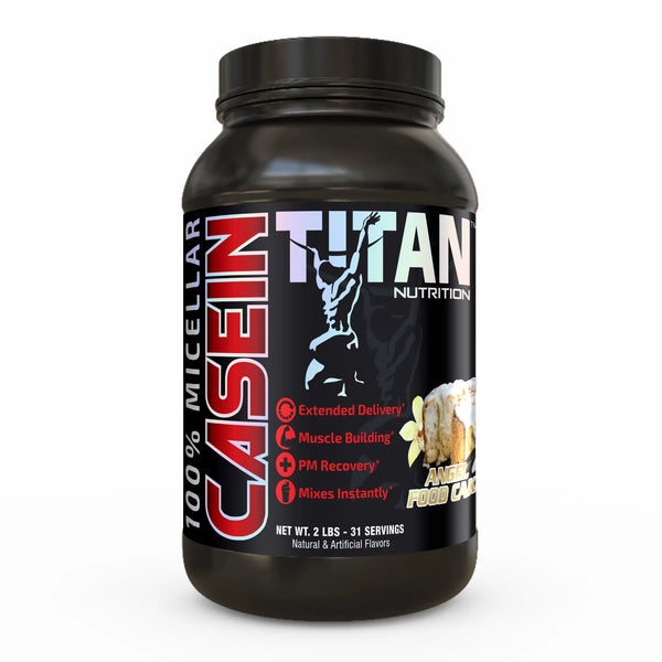 Titan Nutrition Casein 2lb. 100% Micellar Casein. Extended delivery, muscle building, pm recovery, mixes instantly. Angel Food Cake flavor