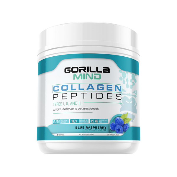 Collagen Peptides Gorilla Mind in Blue Raspberry Flavor, Supports healthy Joints, skin, hair and nails, 12.25g of collagen peptides, 100% Daily value of vitamin C, 20mg Hyaluronic Acid