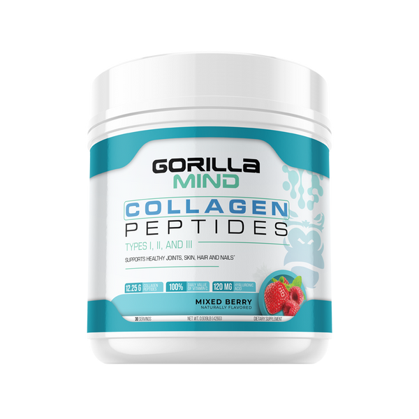 Collagen Peptides Gorilla Mind in Mixed Berry Flavor, Supports healthy Joints, skin, hair and nails, 12.25g of collagen peptides, 100% Daily value of vitamin C, 20mg Hyaluronic Acid