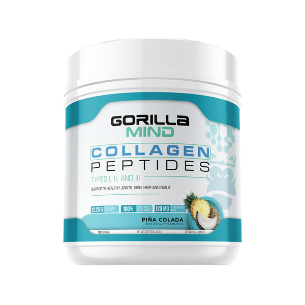 Collagen Peptides Gorilla Mind in Pina Colada Flavor, Supports healthy Joints, skin, hair and nails, 12.25g of collagen peptides, 100% Daily value of vitamin C, 20mg Hyaluronic Acid