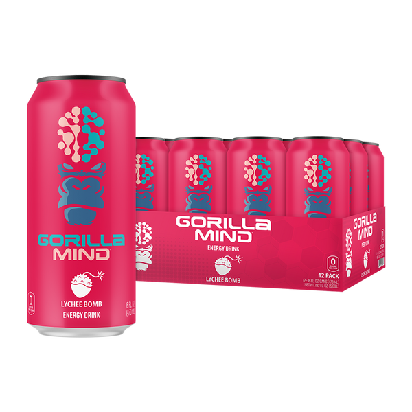 Lychee Bomb flavor 12 pack of Gorilla Mind Energy Drink