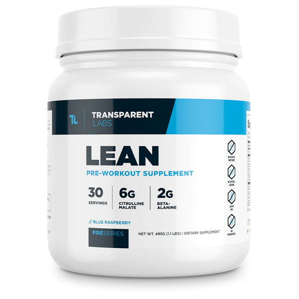 Lean Pre-workout supplement in Blue Raspberry flavor 30srv from Transparent Labs