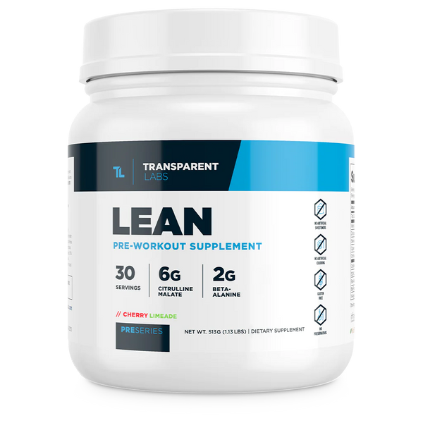 Lean Pre-workout supplement in Cherry Limeade flavor 30srv from Transparent Labs