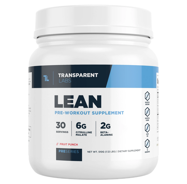 Lean Pre-workout supplement in Fruit Punch flavor 30srv from Transparent Labs