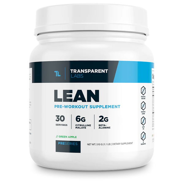 Lean Pre-workout supplement in Green Apple flavor 30srv from Transparent Labs