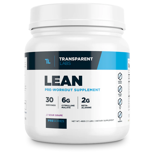 Lean Pre-workout supplement in Sour Grape flavor 30srv from Transparent Labs