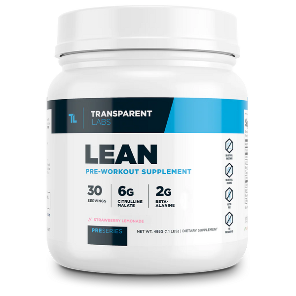 Lean Pre-workout supplement in Strawberry Lemonade flavor 30srv from Transparent Labs