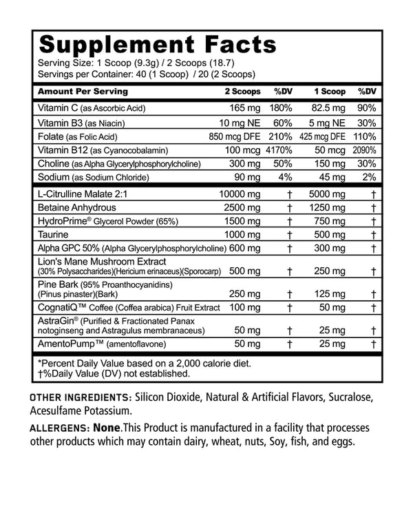 Supplement Facts Panda Pump 40srv. Stim-Free Pump Pre-workout