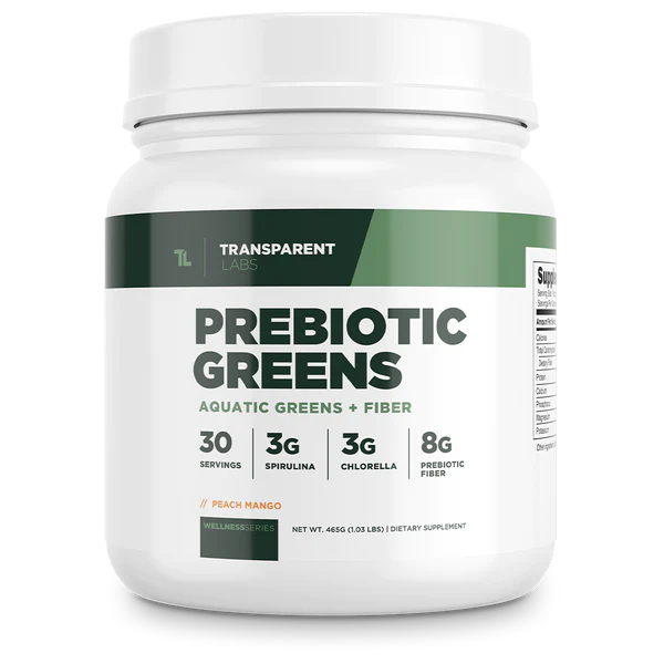 Peach Mango flavored Transparent Labs Prebiotic Greens 30srv, aquatic greens + fiber, wellness series