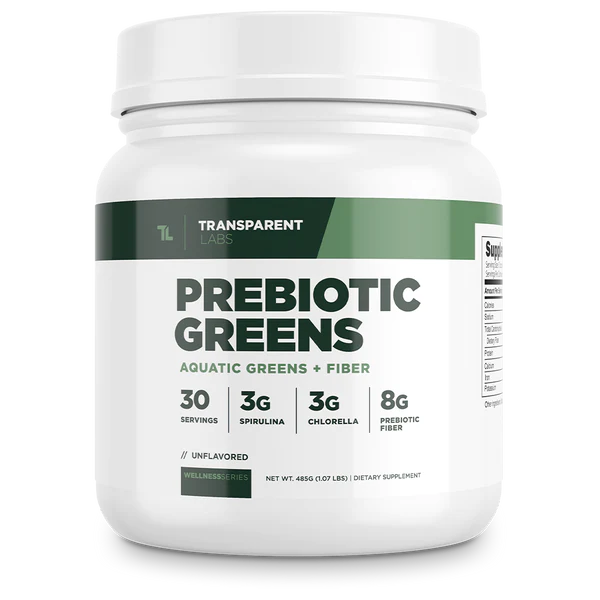 Unflavored Transparent Labs Prebiotic Greens 30srv, aquatic greens + fiber, wellness series