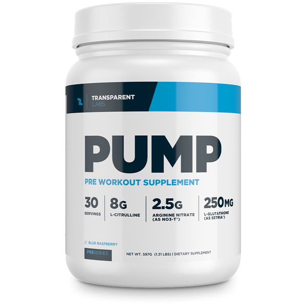 Blue Raspberry flavored Transparent Labs Pump pre workout supplement 30srv