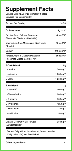 Supplement Facts Ryse BCAA + EAA 30srv, 2:1:1 BCAA Ratio, EAA & Hydration formula