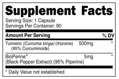 Supplement Facts Transparent Labs Turmeric 90caps, 95% curcuminoids, 500mg per servings