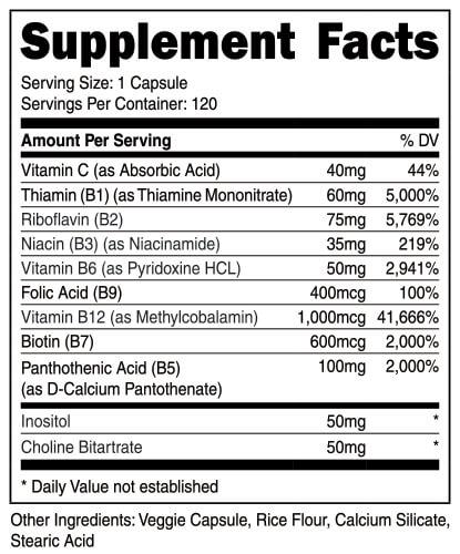 Supplement Facts Transparent Labs Vitamin B Complex 120caps, 460mg per serving