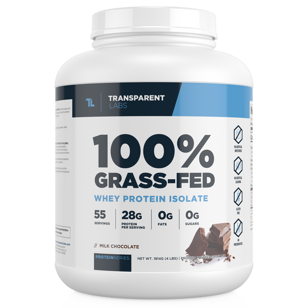 Milk Chocolate flavor of 100% Grass-fed Whey Protein Isolate 28g of Protein per serving, 4lbs from Transparent Labs