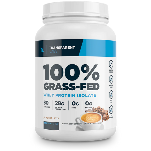 Mocha Latte flavor of 100% Grass-fed Whey Protein Isolate 28g of Protein per serving, 30srv from Transparent Labs