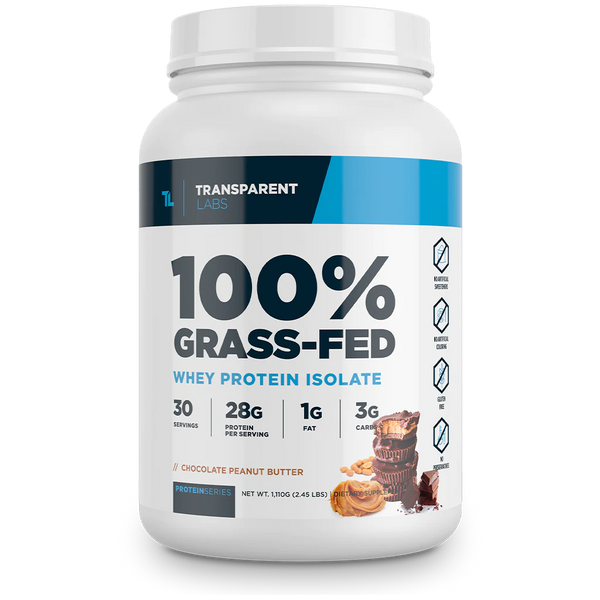 Chocolate Peanut Butter flavor of 100% Grass-fed Whey Protein Isolate 28g of Protein per serving, 30srv from Transparent Labs