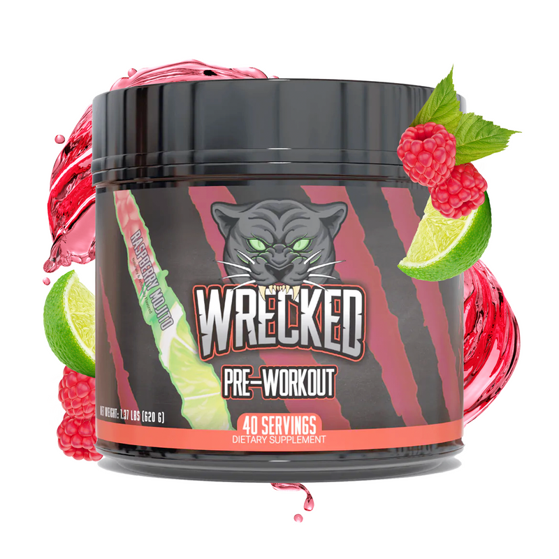 Huge Supplements Wrecked Pre Workout 40-serving bottle in Raspberry Mojito flavor