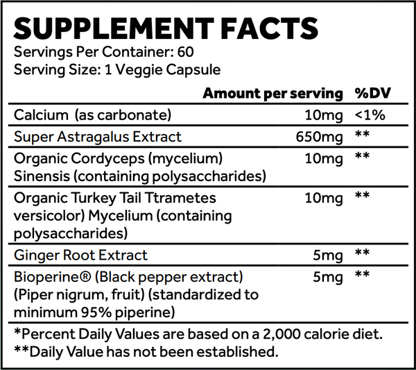 Supplement Facts Project AD Life Astragalus 650mg 60Caps.