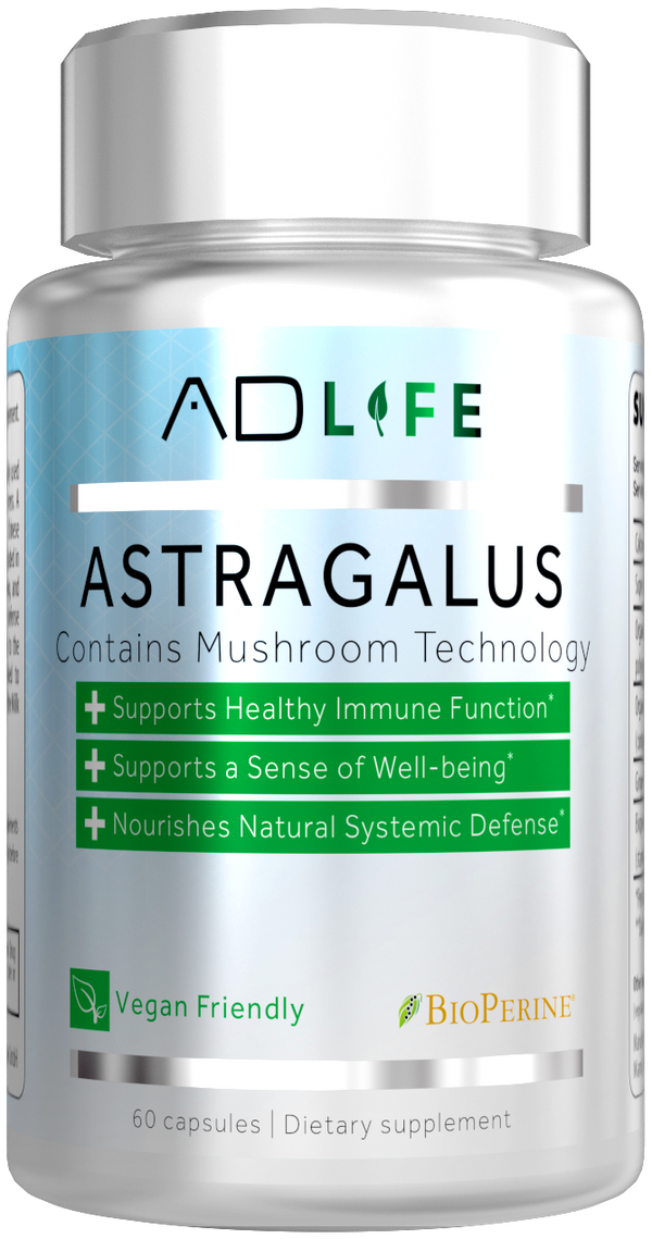 Project AD Life Astragalus 650mg 60Caps. Contains mushroom technology. Supports healthy immune function*, Supports a sense of well-being*, Nourishes Natural systemic defense*.