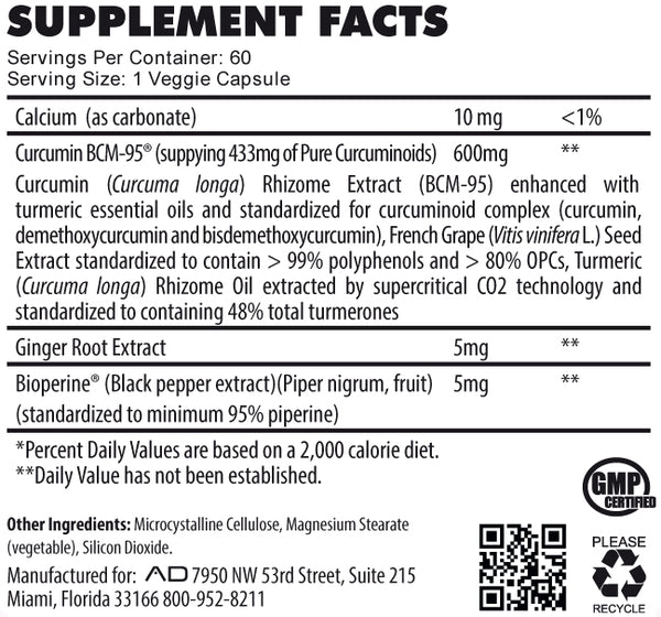 Supplement Facts Project AD Life Curcumin BCM-95 60Caps.