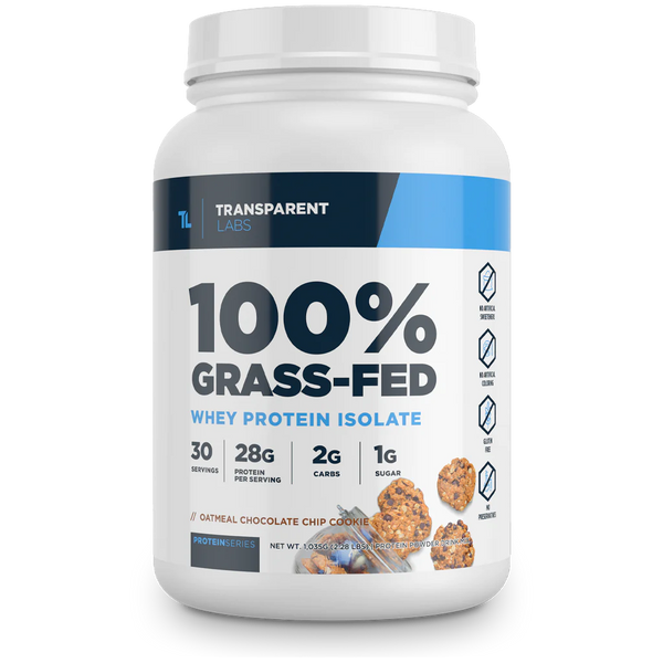 Oatmeal Chocolate Chip Cookie flavor of 100% Grass-fed Whey Protein Isolate 28g of Protein per serving, 30srv from Transparent Labs