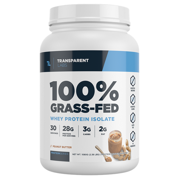 Peanut Butter flavor of 100% Grass-fed Whey Protein Isolate 28g of Protein per serving, 30srv from Transparent Labs