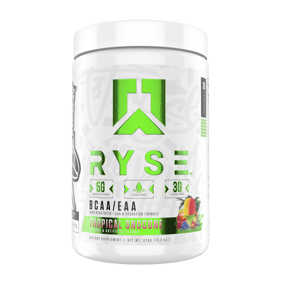 Ryse BCAA + EAA 30srv, 2:1:1 BCAA Ratio, EAA & Hydration formula, Tropical Snocone flavor