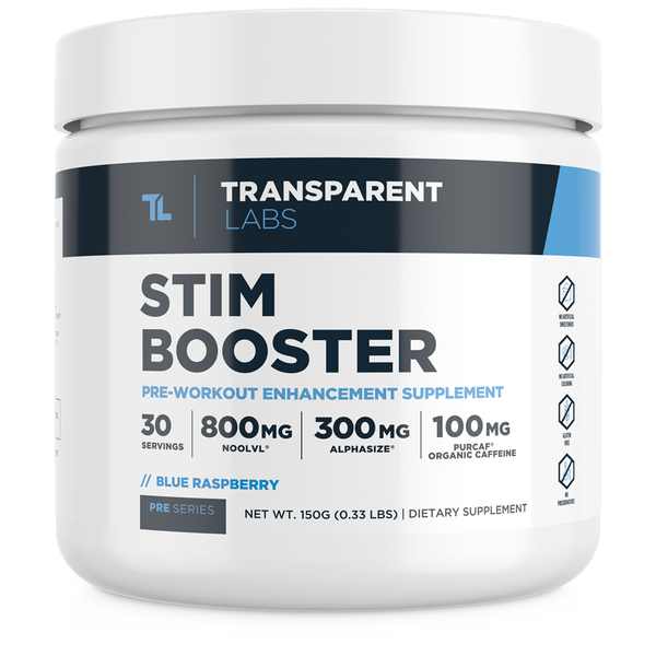 Blue Raspberry flavored Transparent Labs Stim Booster pre-workout enhancement supplement 30srv, pre series