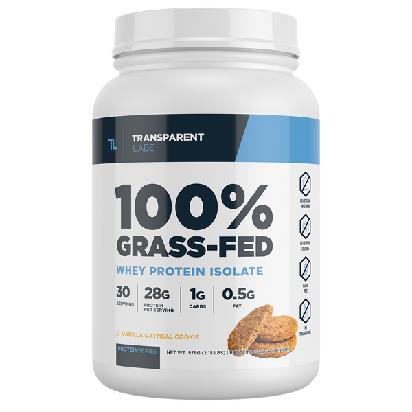 Vanilla Oatmeal Cookie flavor of 100% Grass-fed Whey Protein Isolate 28g of Protein per serving, 30srv from Transparent Labs