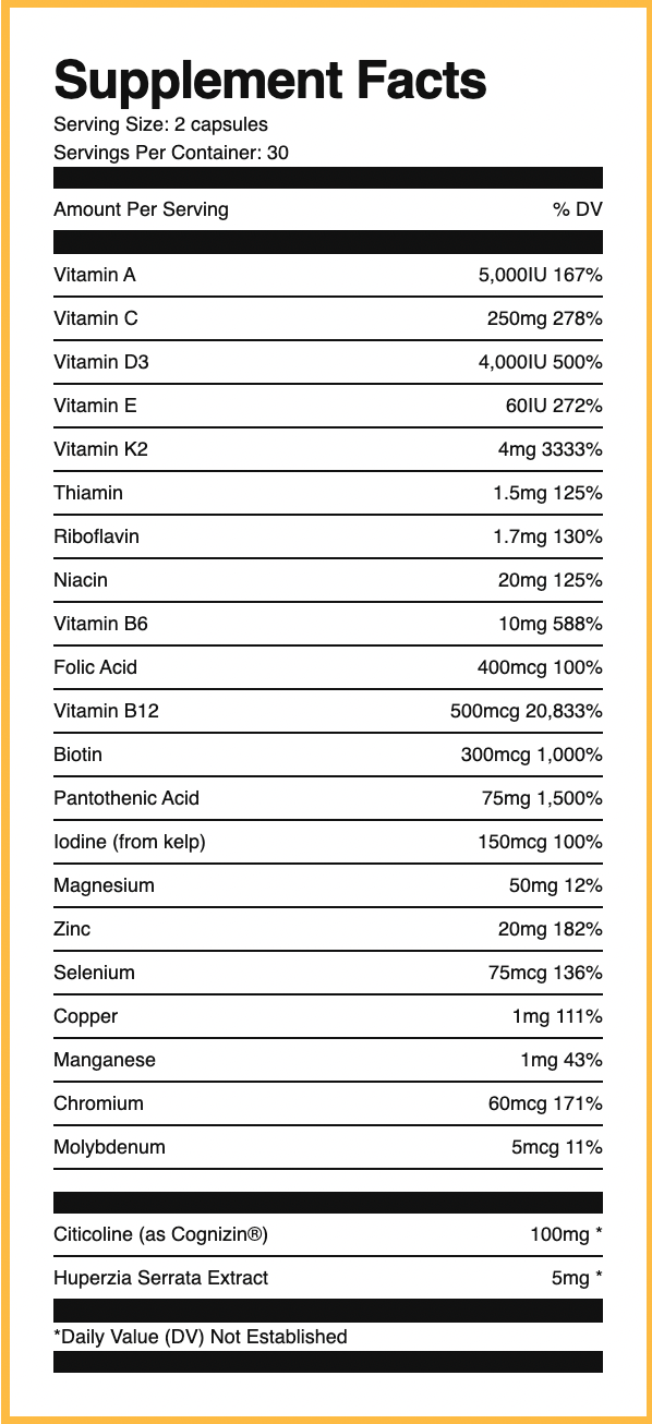 Supplement Facts Ryse VitaFocus 60Caps, multivitamin + Nootropic