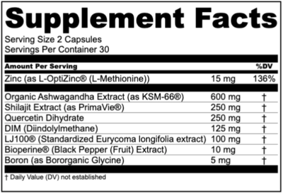 Supplement Facts Transparent Labs Vitality 30Caps, natural hormone support